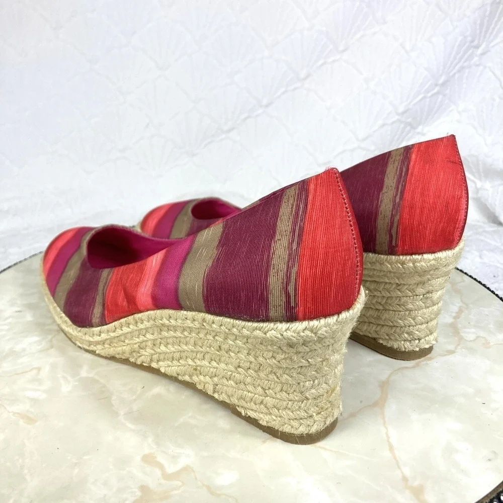 Soft Style Striped Espadrille Wedge Pumps Women 8.5 Pink Red Coastal Comfort New
